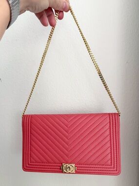 CHANEL Boy Womens Long Flap Chevron Leather Wallet Clutch Bag Pink Coral + Chain